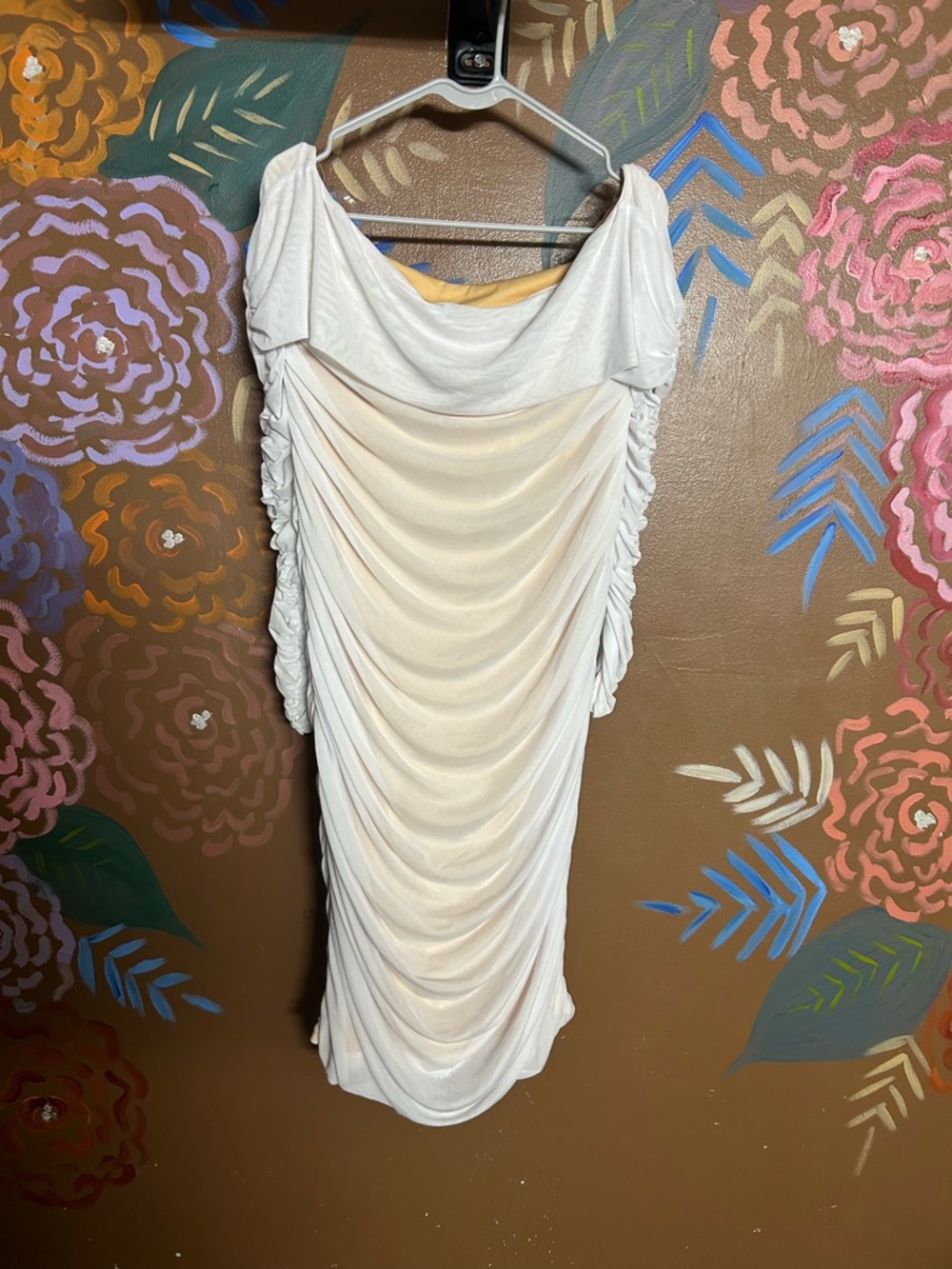 Fashion Nova Cream White Draped Off-Shoulder Ruched Dress